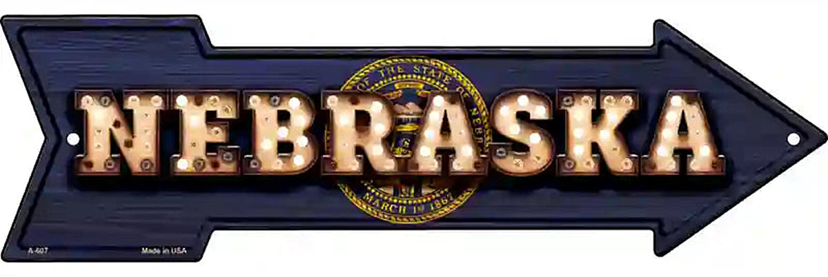 Nebraska Bulb Lettering With State Flag Metal Arrow Sign