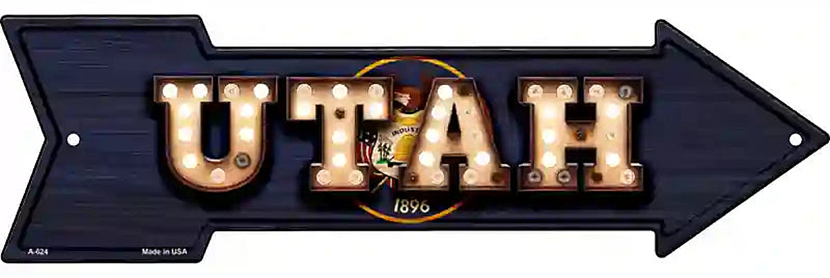Utah Bulb Lettering With State Flag Metal Arrow Sign