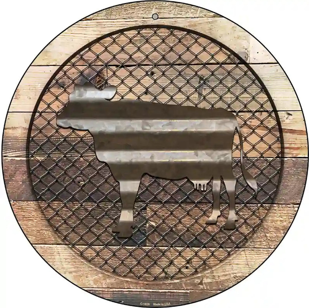 Corrugated Cow on Wood Novelty Metal Circular Sign