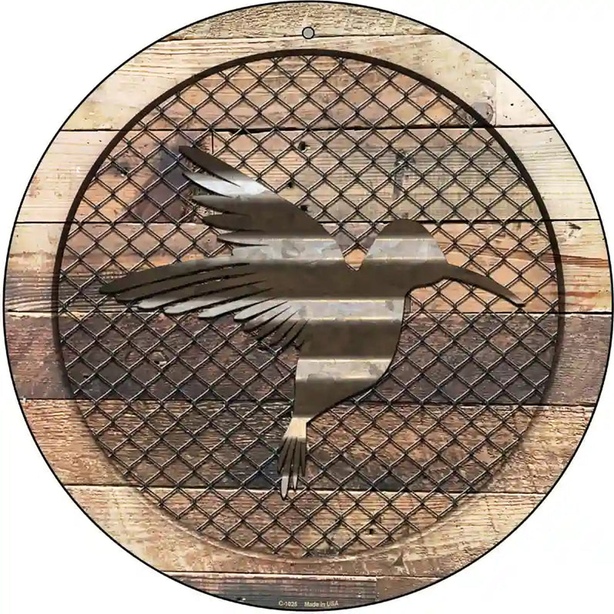 Corrugated Hummingbird on Wood Novelty Metal Circular Sign