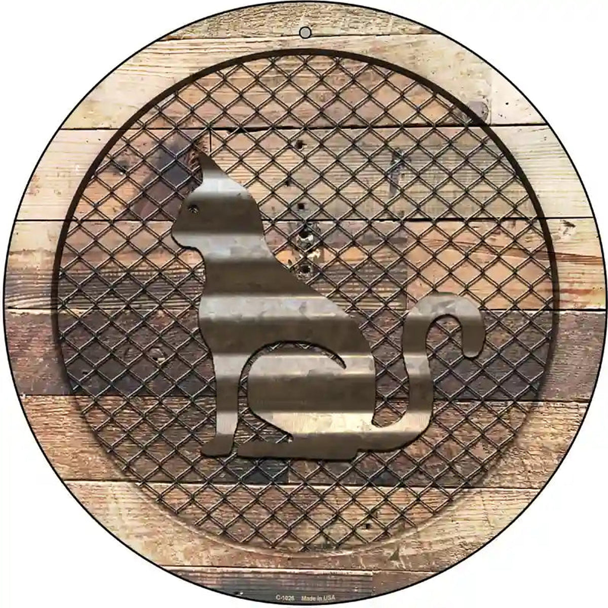 Corrugated Cat on Wood Novelty Metal Circular Sign