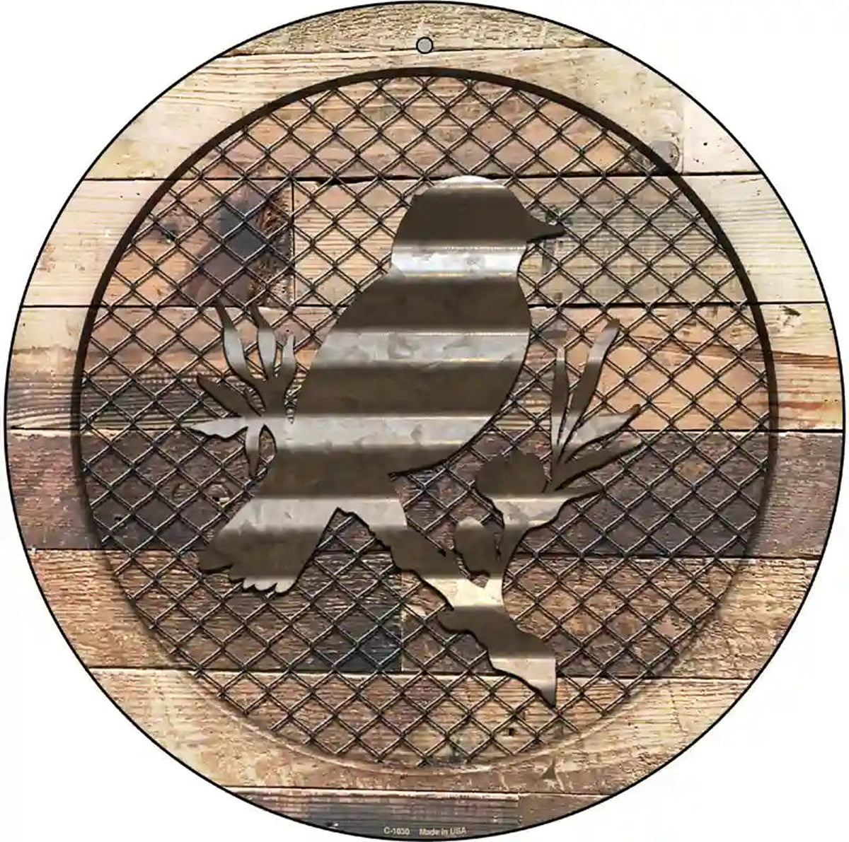 Corrugated Bird on Wood Novelty Metal Circular Sign