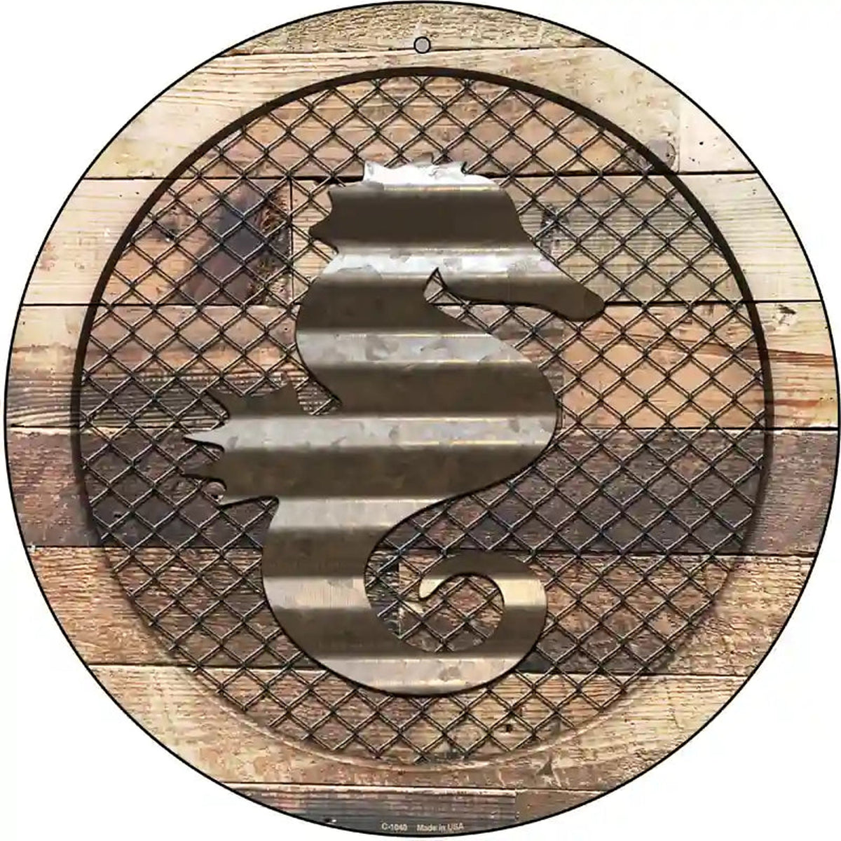 Corrugated Seahorse on Wood Novelty Metal Circular Sign