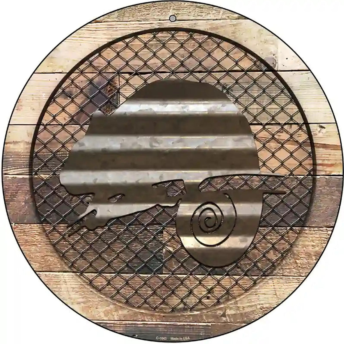 Corrugated Chameleon on Wood Novelty Metal Circular Sign