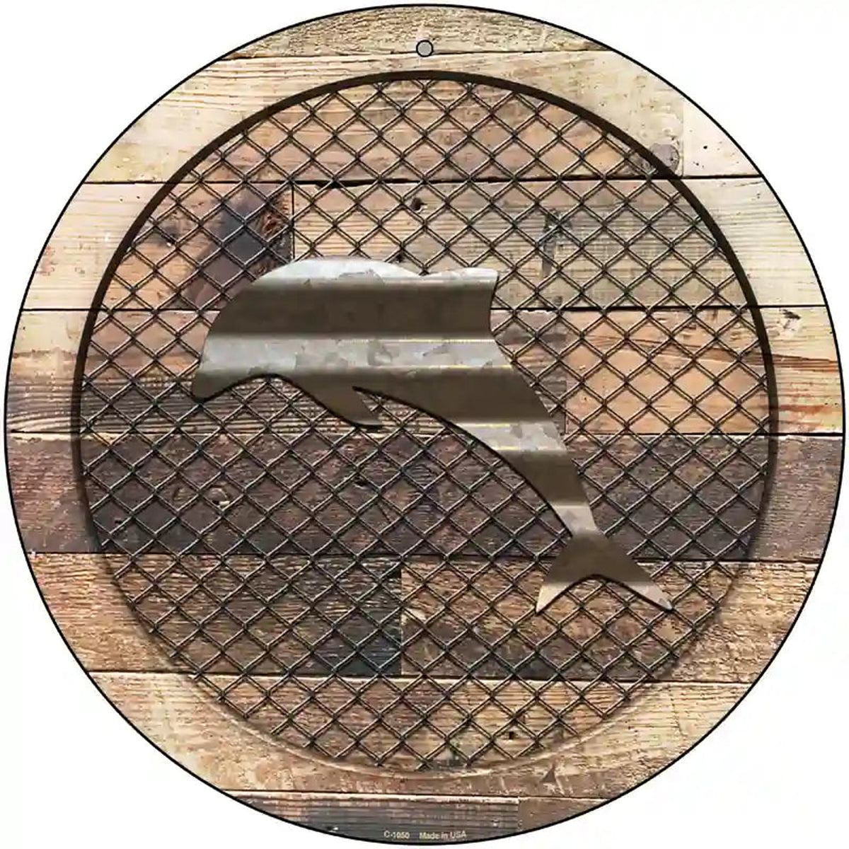 Corrugated Dolphin on Wood Novelty Metal Circular Sign