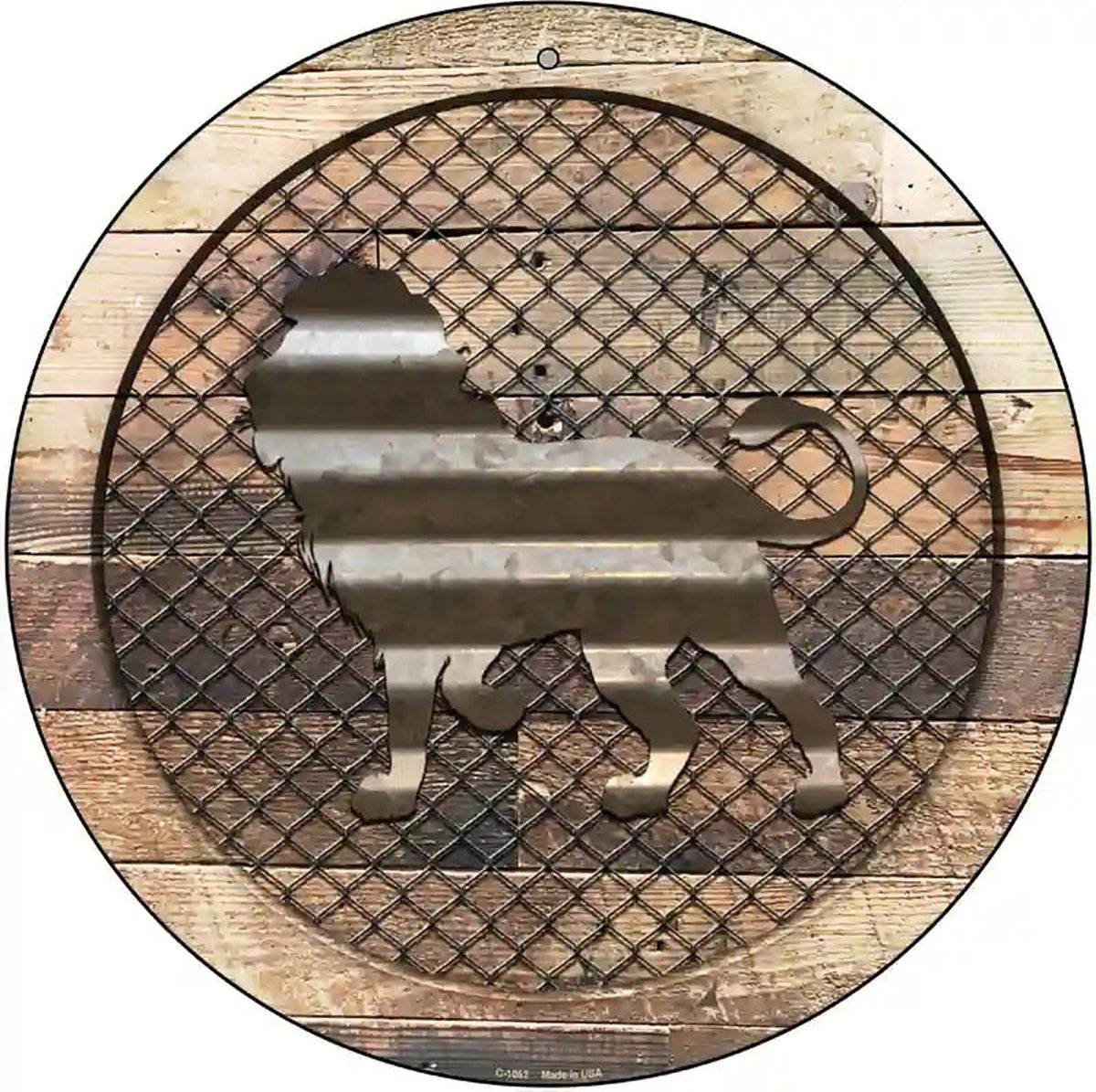 Corrugated Lion on Wood Novelty Metal Circular Sign