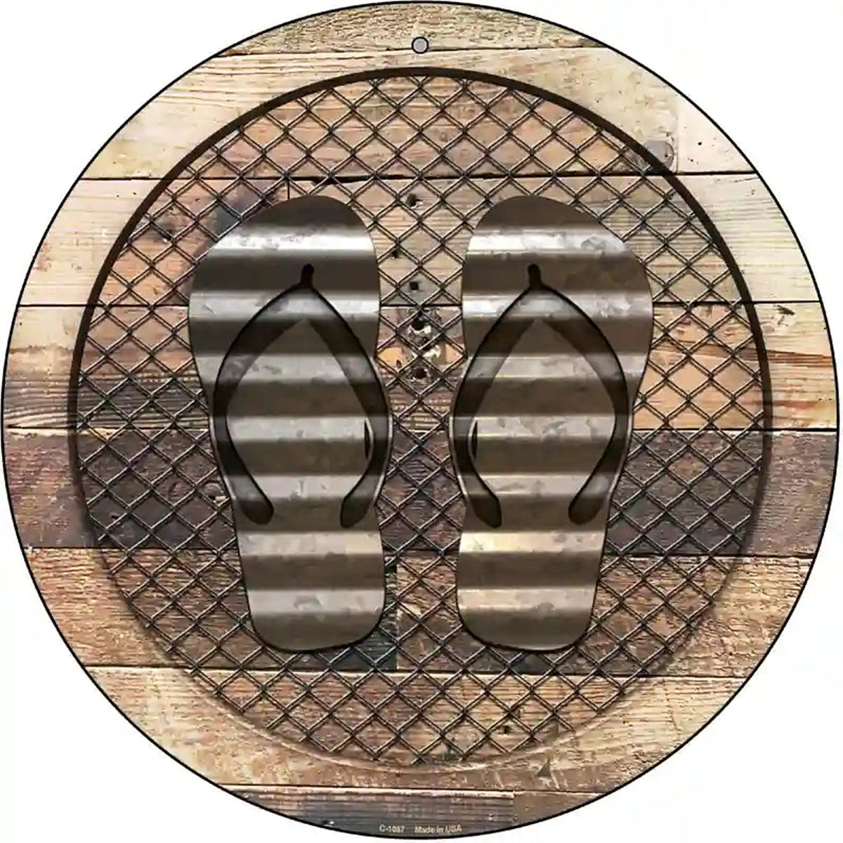 Corrugated Flip Flops on Wood Novelty Metal Circular Sign