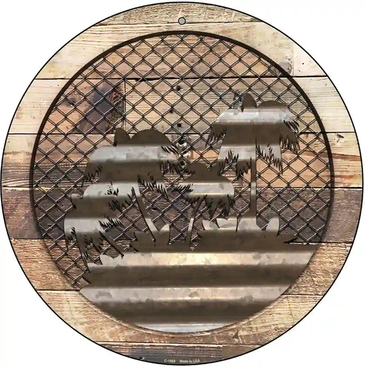 Corrugated Palm Trees on Wood Novelty Metal Circular Sign