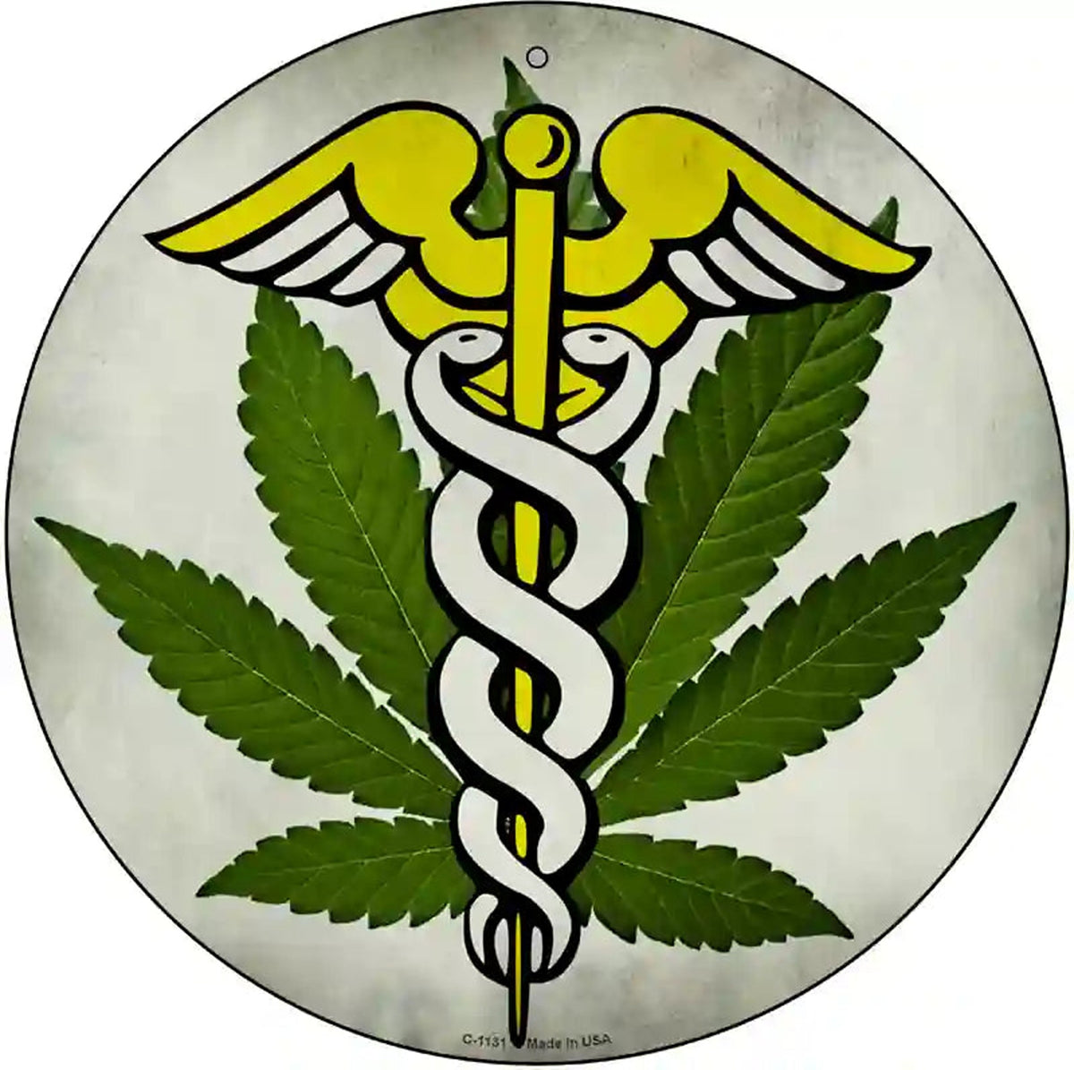 Cannabis Caduceus Novelty Metal Circular Sign