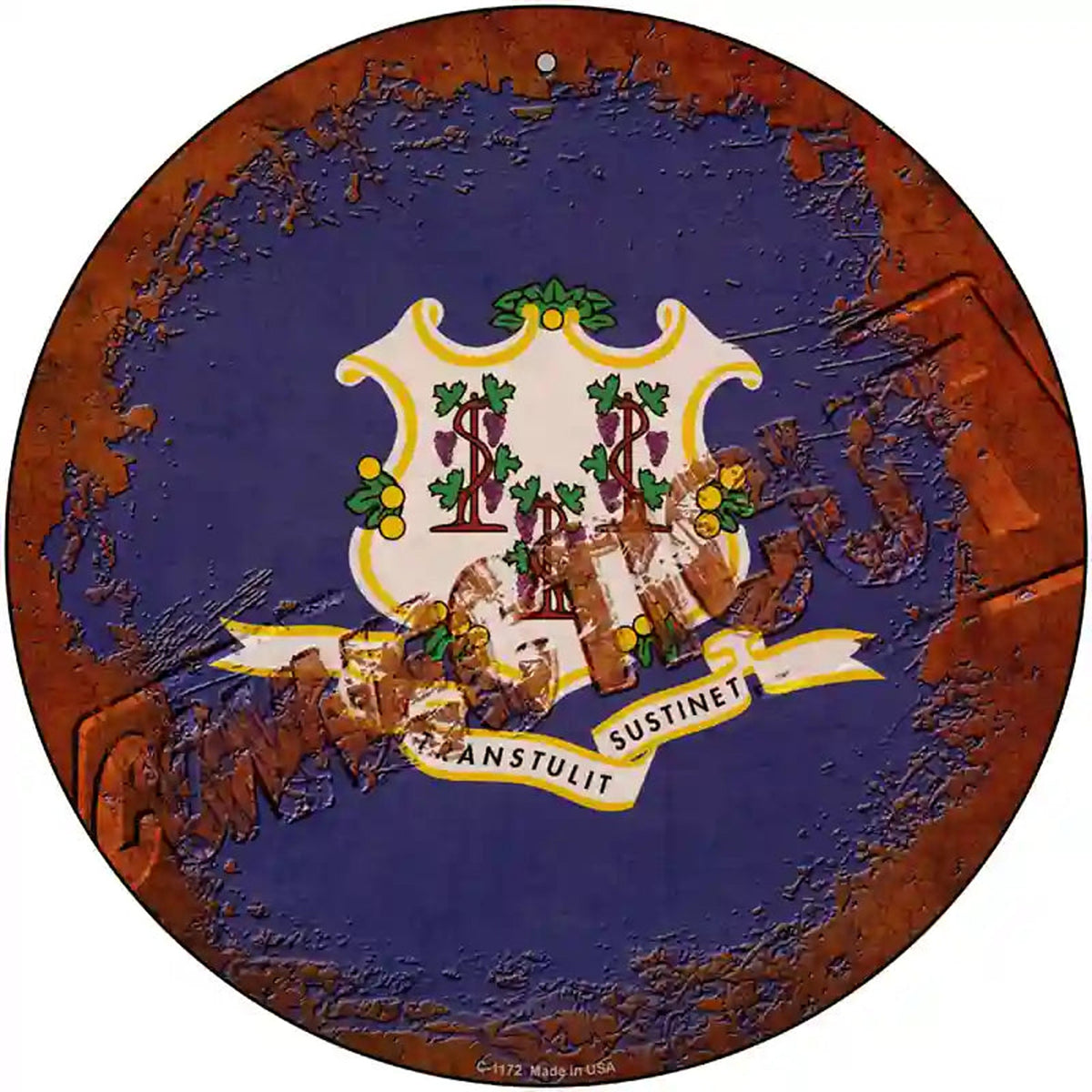 Connecticut Rusty Stamped Novelty Metal Circular Sign