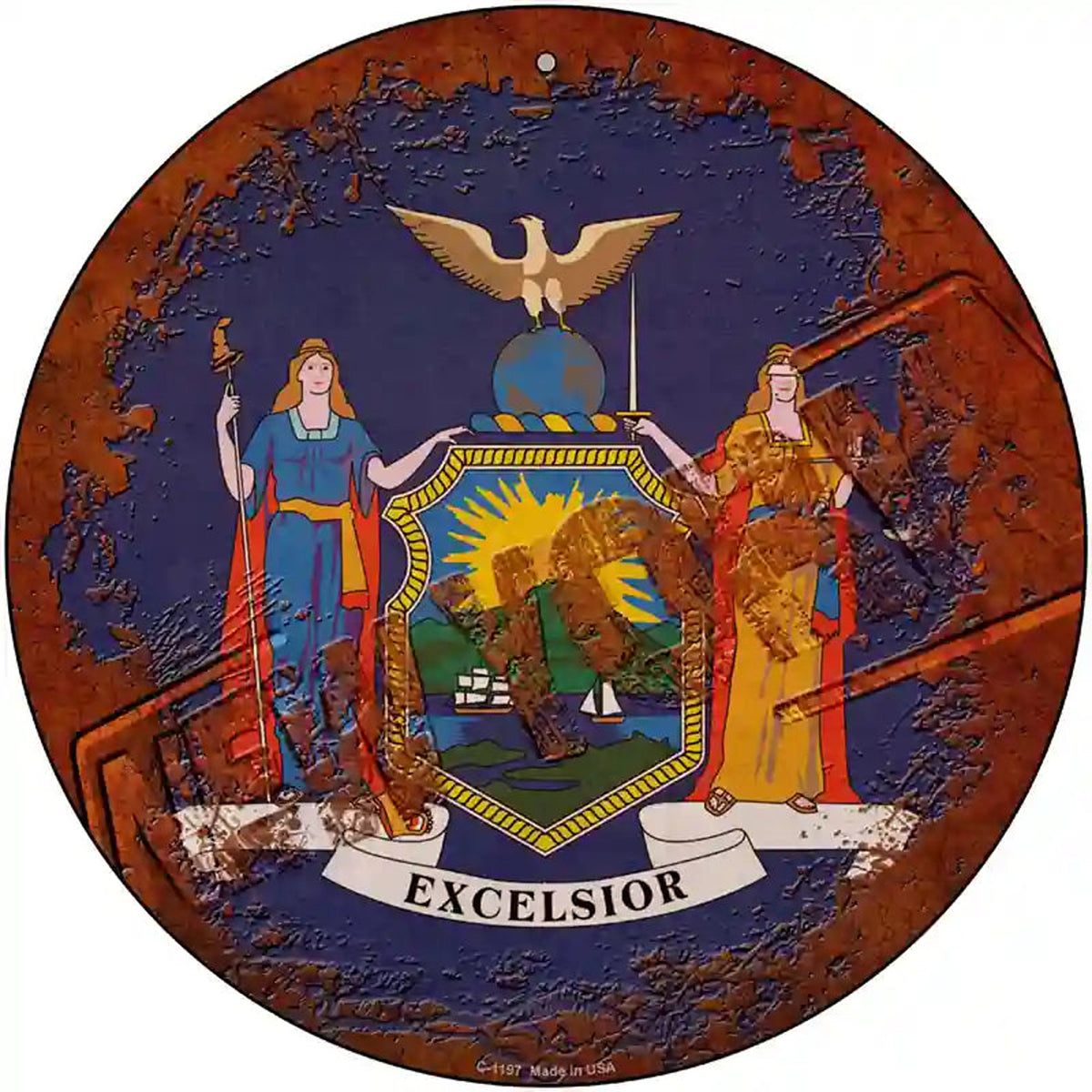 New York Rusty Stamped Novelty Metal Circular Sign