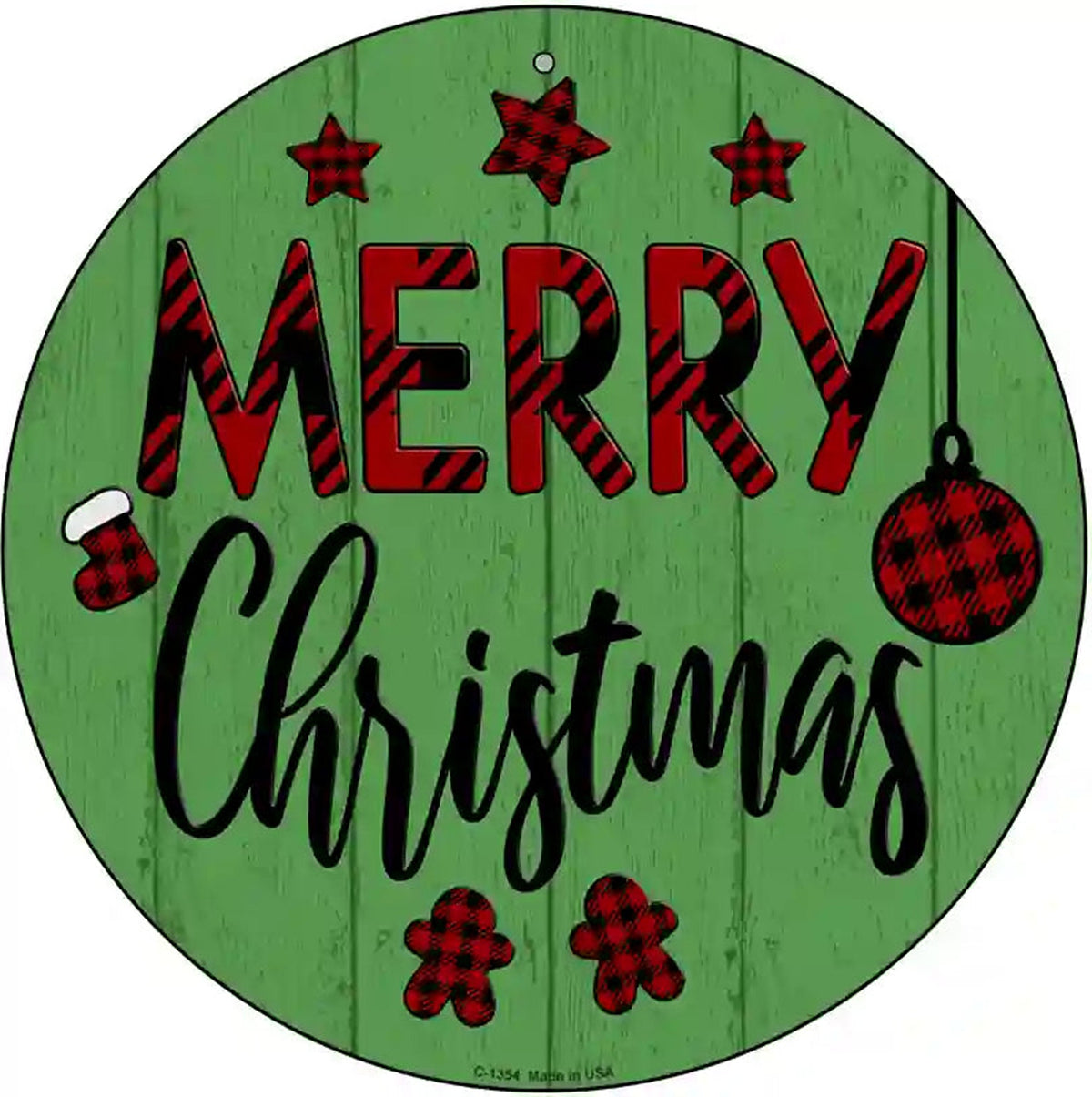 Merry Christmas Plaid Green Novelty Metal Circular Sign