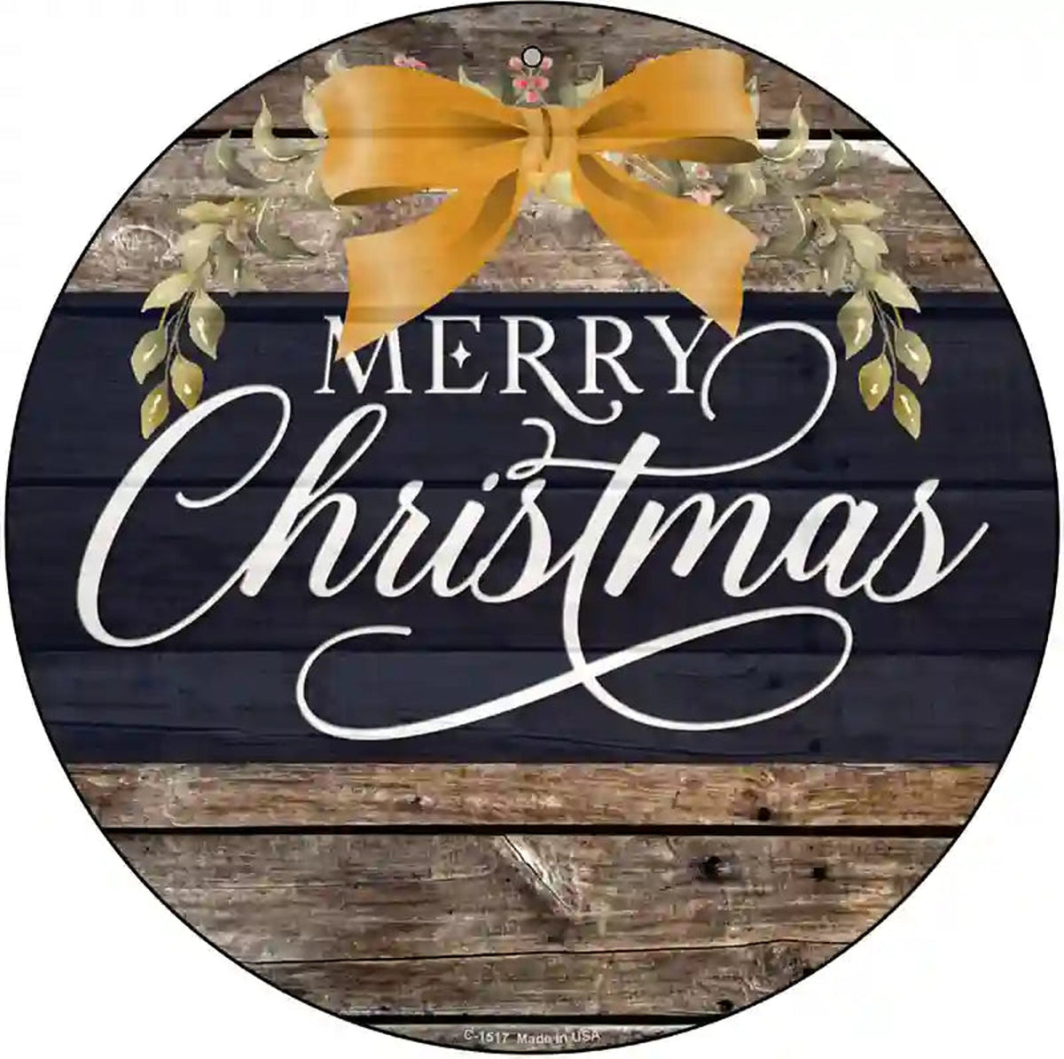 Merry Christmas Yellow Bow Novelty Metal Circle Sign