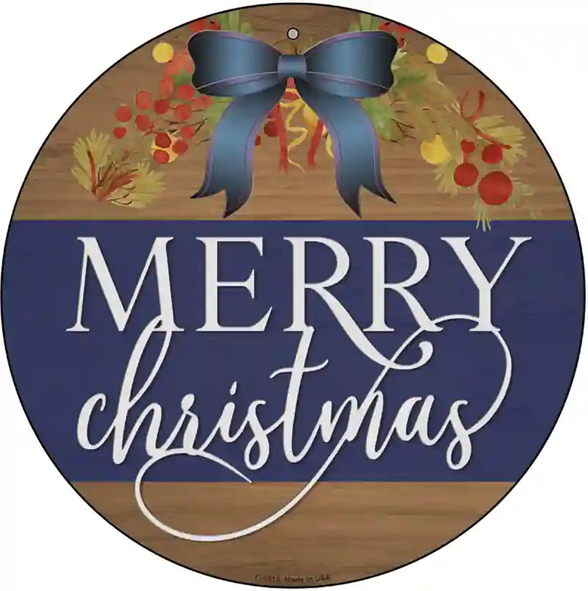 Merry Christmas Blue Bow Novelty Metal Circle Sign