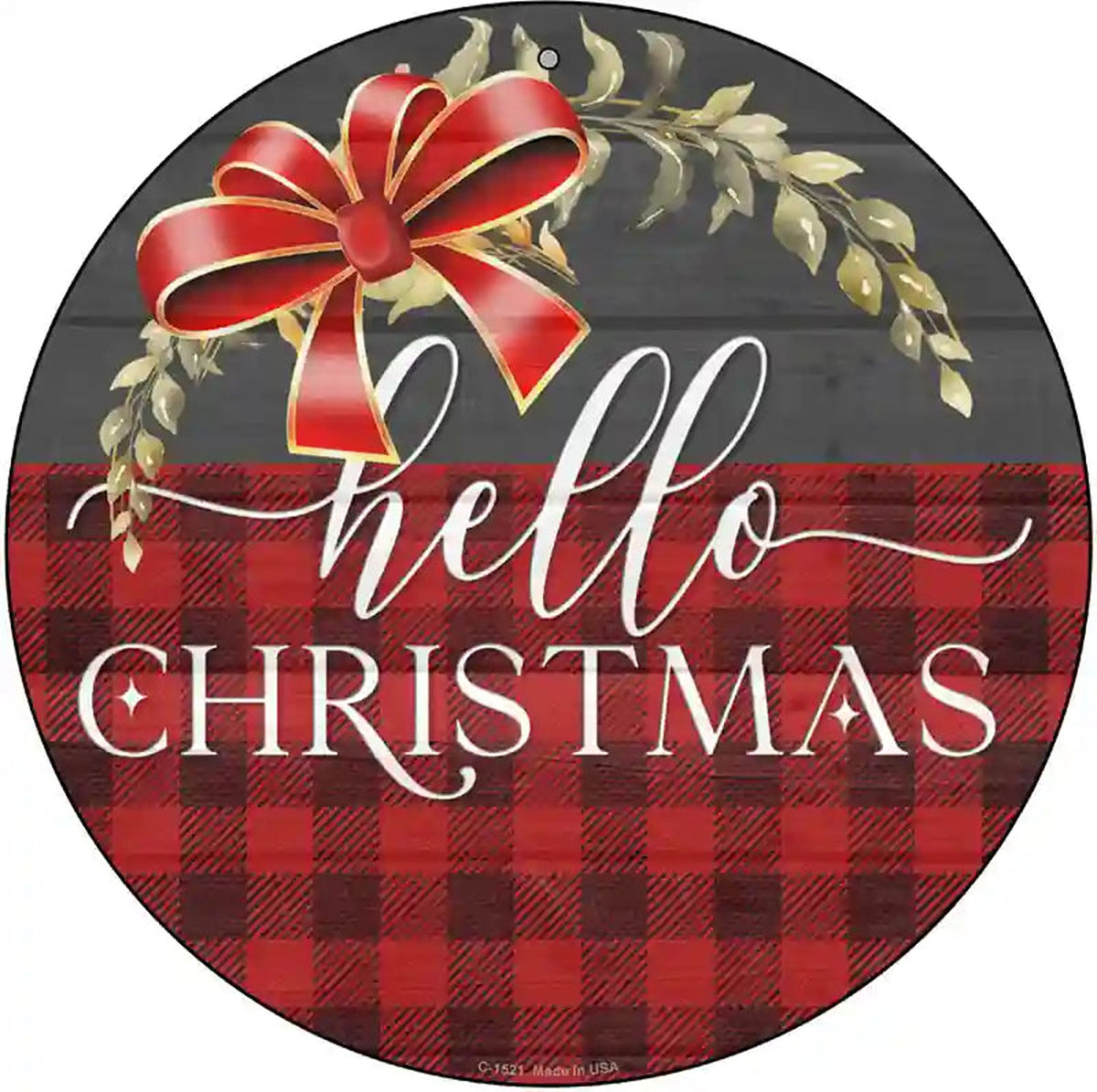 Hello Christmas Plaid Novelty Metal Circle Sign