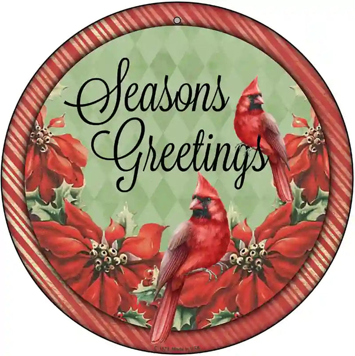 Seasons Greetings Cardinal Novelty Metal Circle Sign