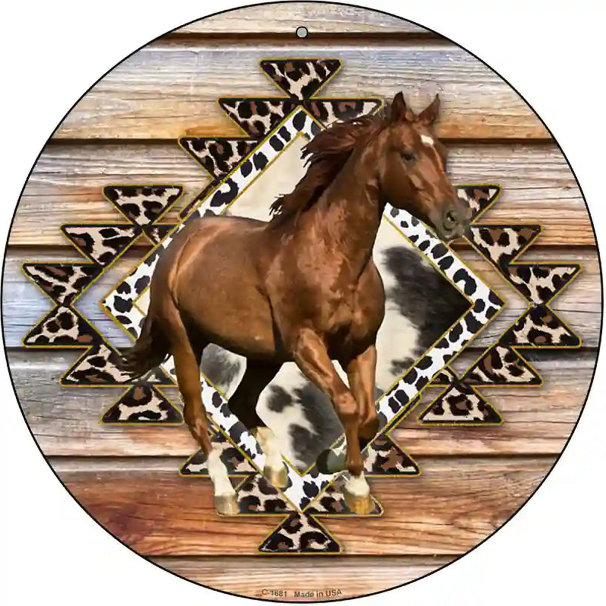 Horse On Aztec Print Novelty Metal Circle Sign