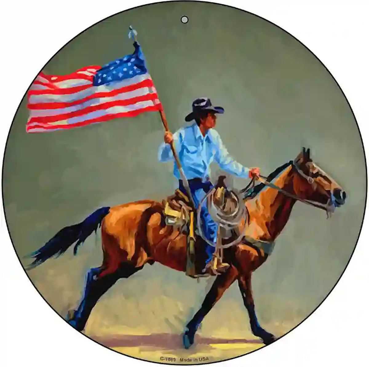 Horse Rider With Flag Novelty Metal Circle Sign