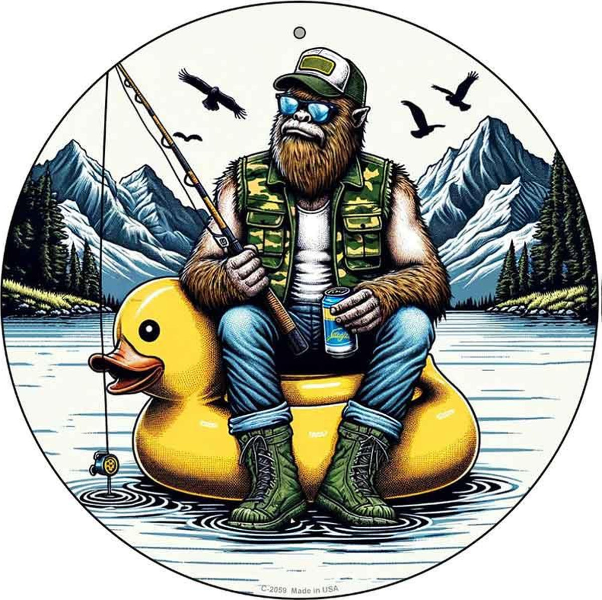 Bigfoot Fishing on Inflatable Duck Novelty Metal Circular Sign