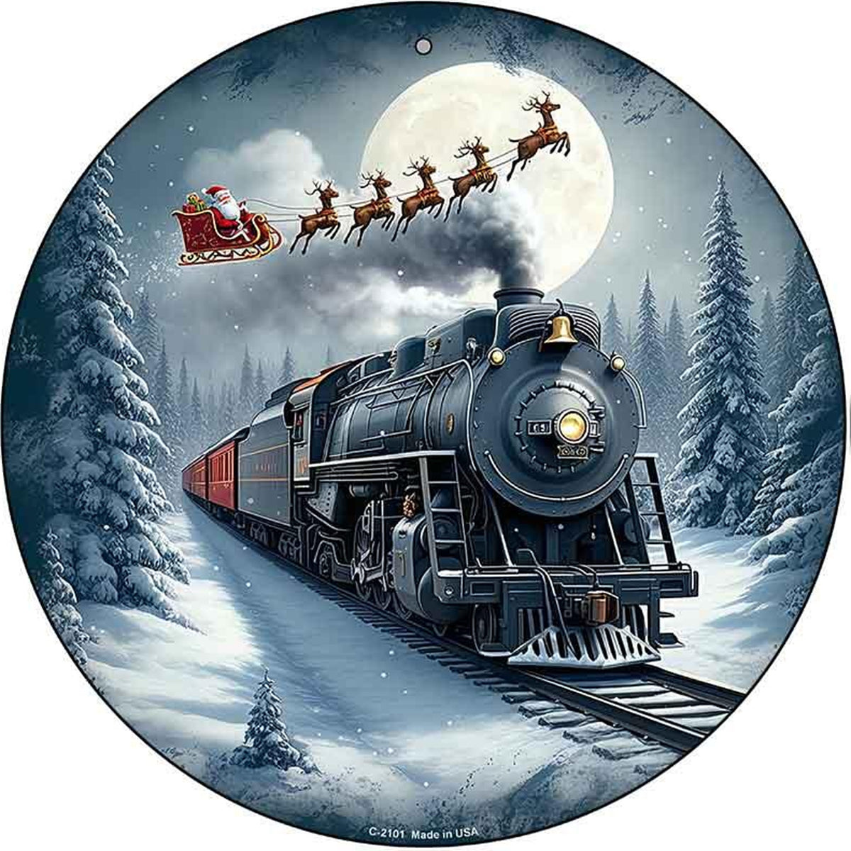 Santa Over the Polar Express Novelty Metal Circular Sign