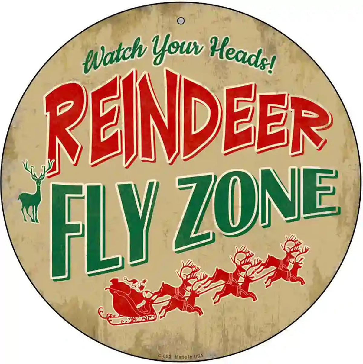 Reindeer Fly Zone Novelty Metal Circular Sign