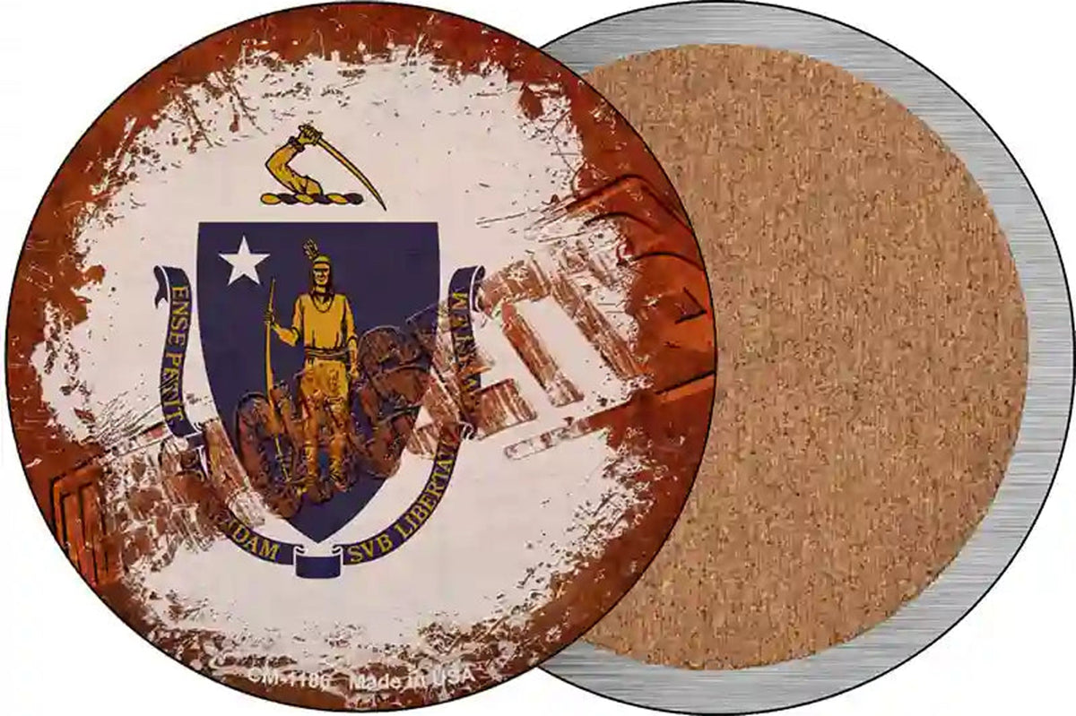 Massachusetts Rusty Stamped Novelty Circle Coaster Set of 4