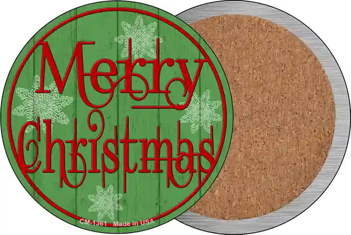 Merry Christmas Green Wood Novelty Circle Coaster Set of 4