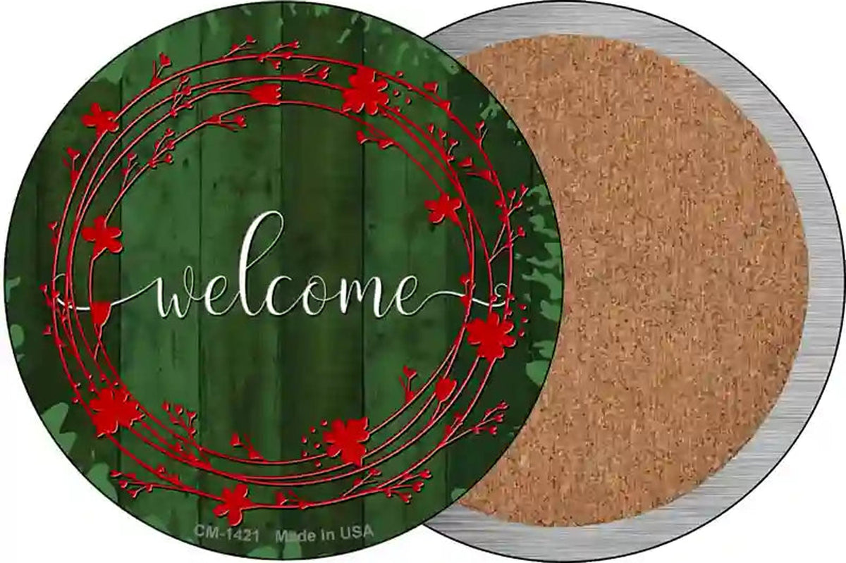 Welcome Wreath Green Wood Novelty Circle Coaster Set of 4