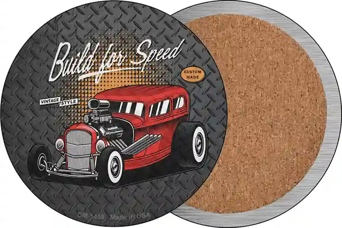 Built For Speed Red Hotrod Novelty Circle Coaster Set of 4