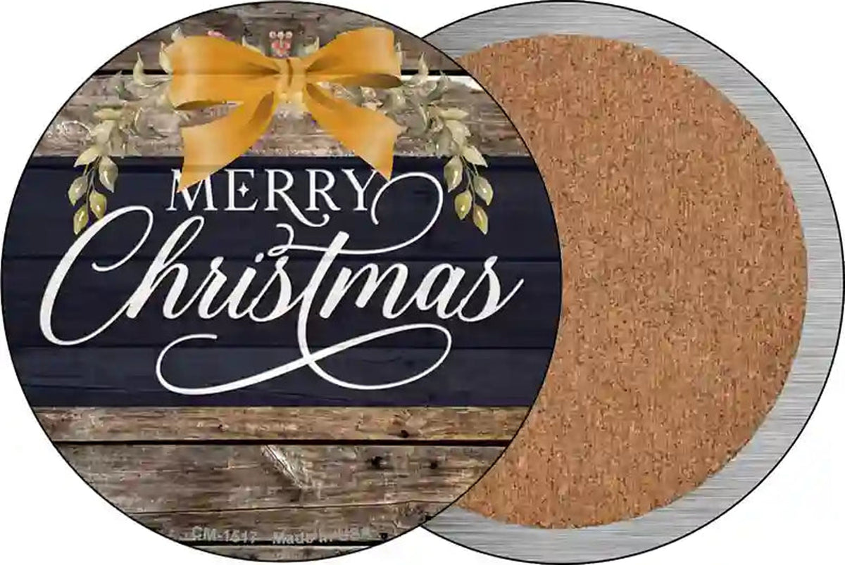 Merry Christmas Yellow Bow Novelty Circle Coaster Set of 4