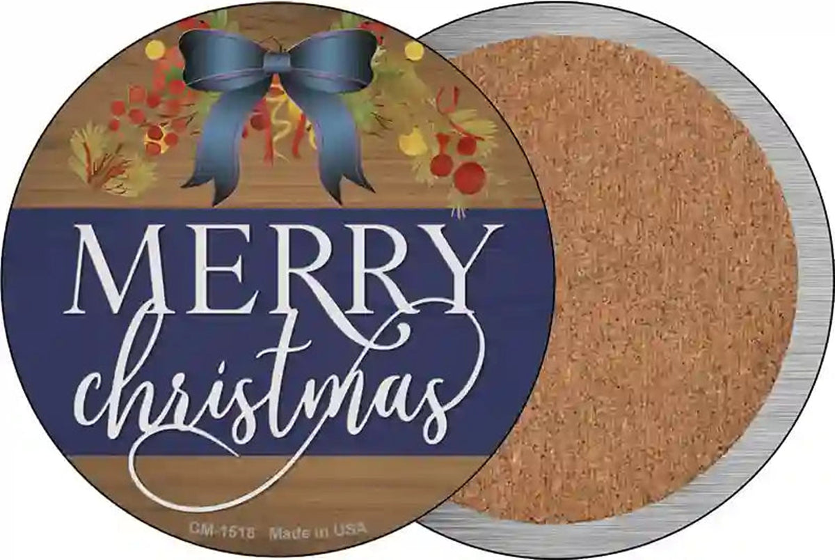 Merry Christmas Blue Bow Novelty Circle Coaster Set of 4