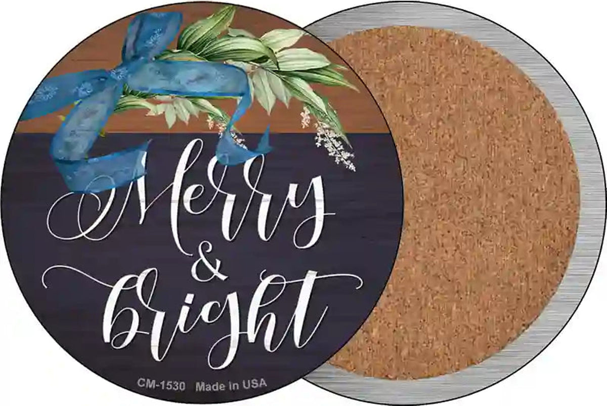 Merry And Bright Bow Wreath Novelty Circle Coaster Set of 4