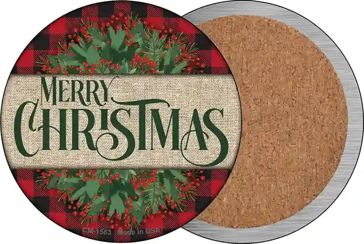 Merry Christmas Red Novelty Circle Coaster Set of 4