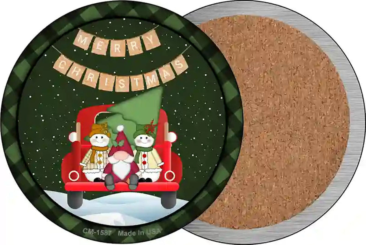 Merry Christmas Truck Novelty Circle Coaster Set of 4