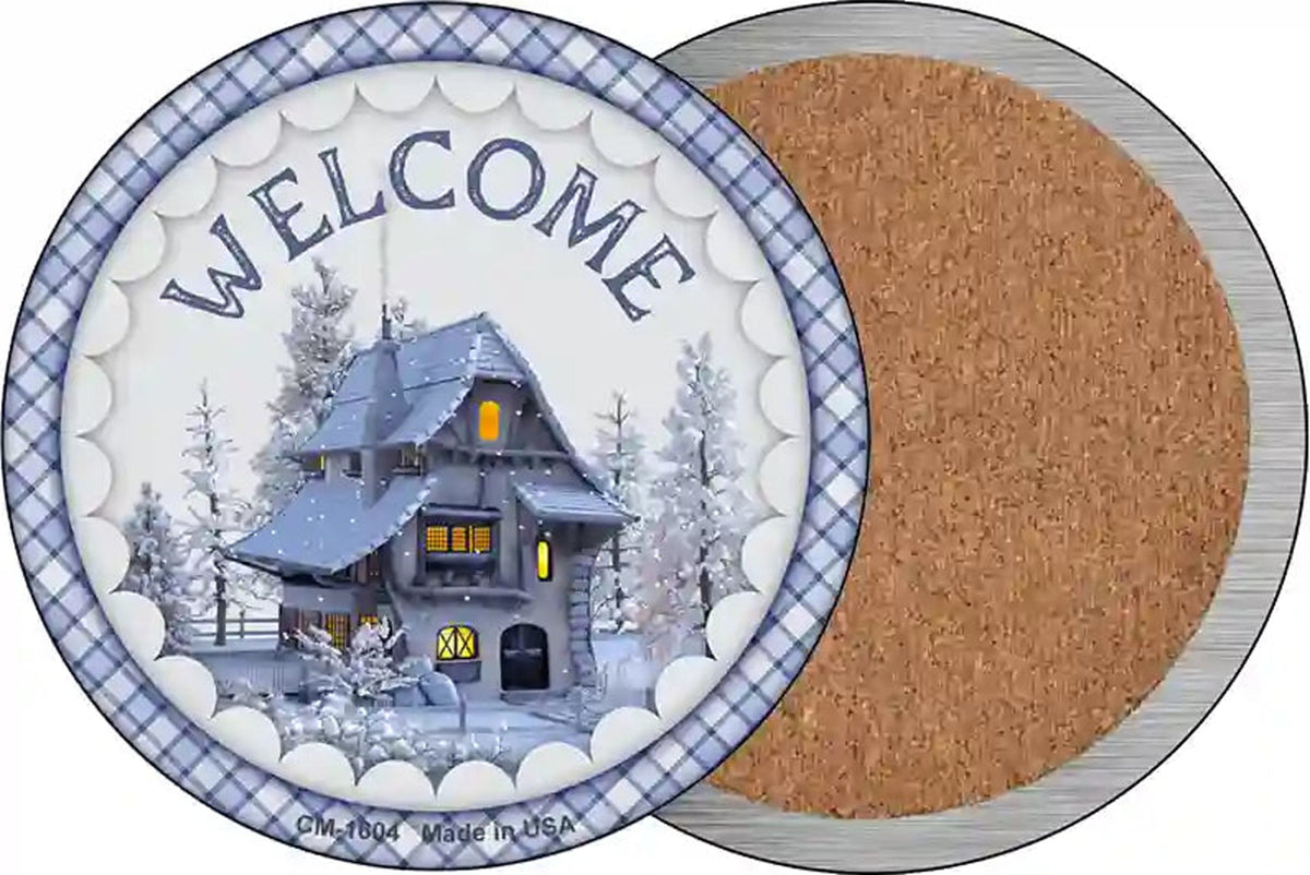 Welcome Snowy House Novelty Circle Coaster Set of 4