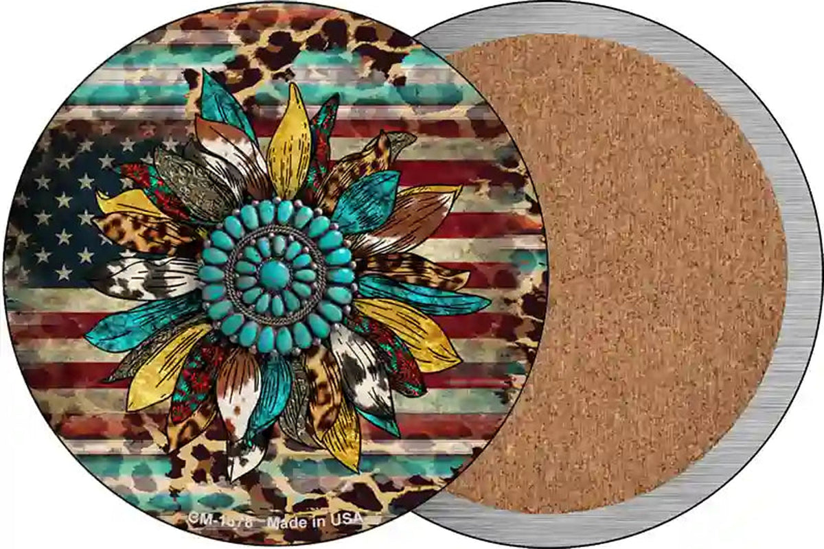 Turquoise Concho Sunflower Novelty Circle Coaster Set of 4