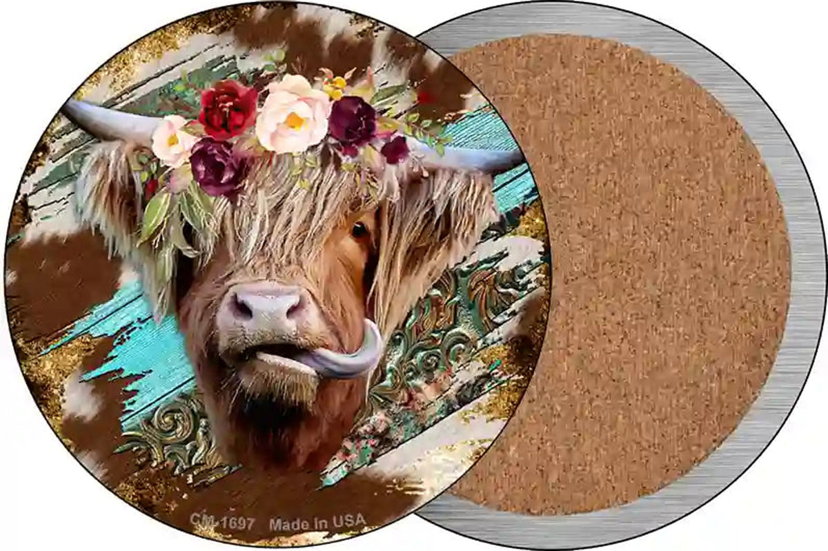Highland Cattle On Mixed Print Novelty Circle Coaster Set of 4