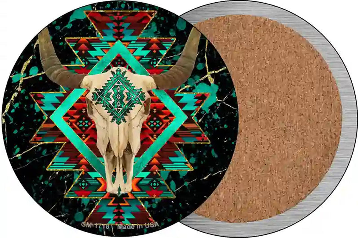 Cow Skull Dark Aztec Novelty Circle Coaster Set of 4