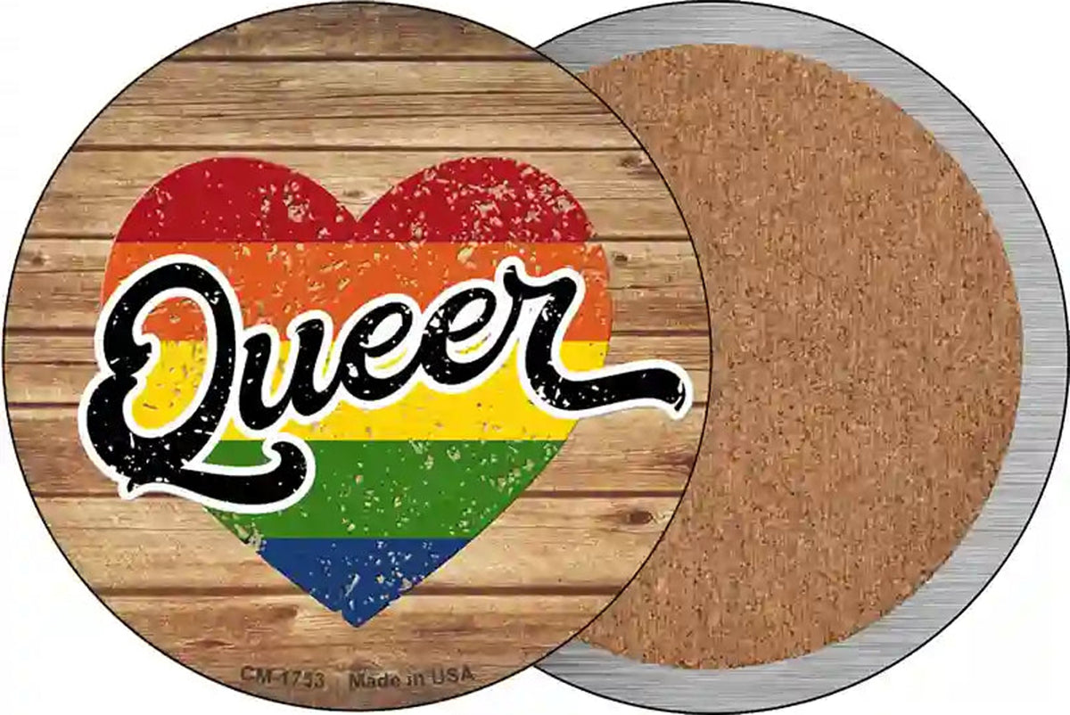 Queer Heart On Wood Novelty Circle Coaster Set of 4