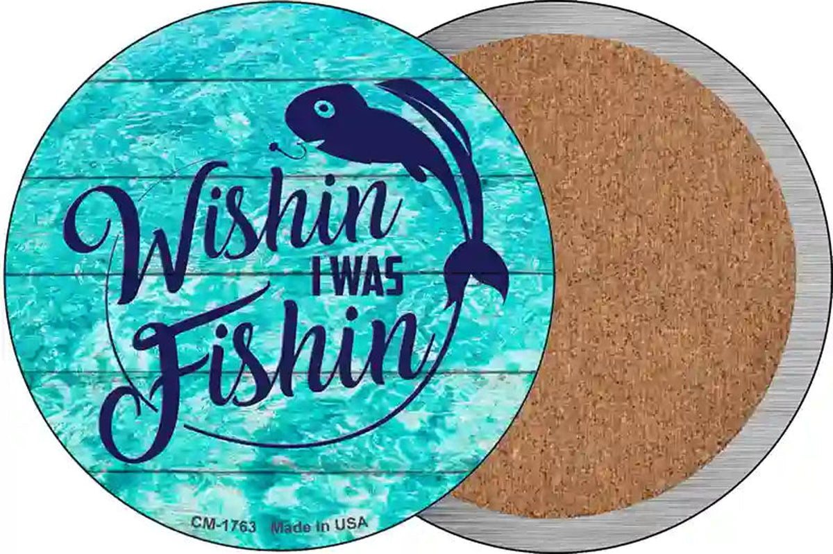Wishin I Was Fishin Water Background Novelty Circle Coaster Set of 4