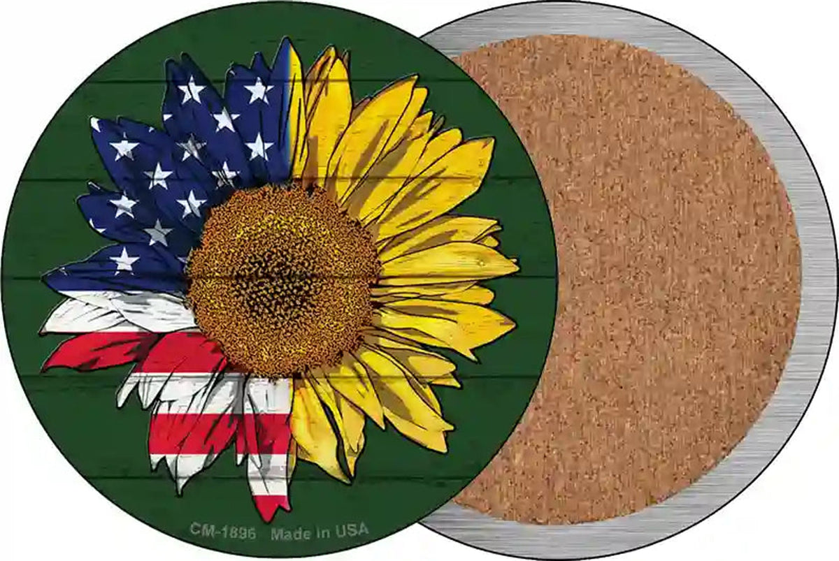 Sunflower Half American Flag Novelty Circle Coaster Set of 4