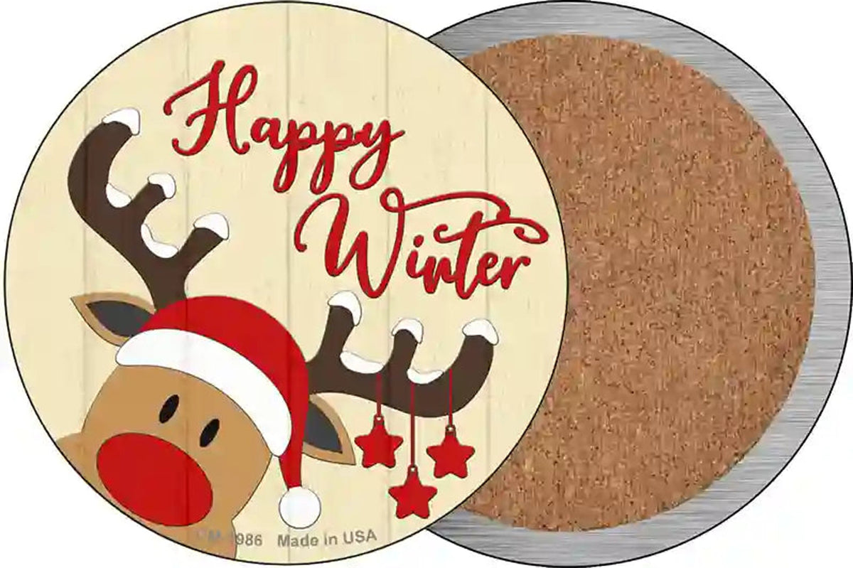 Happy Winter Reindeer Novelty Circle Coaster Set of 4