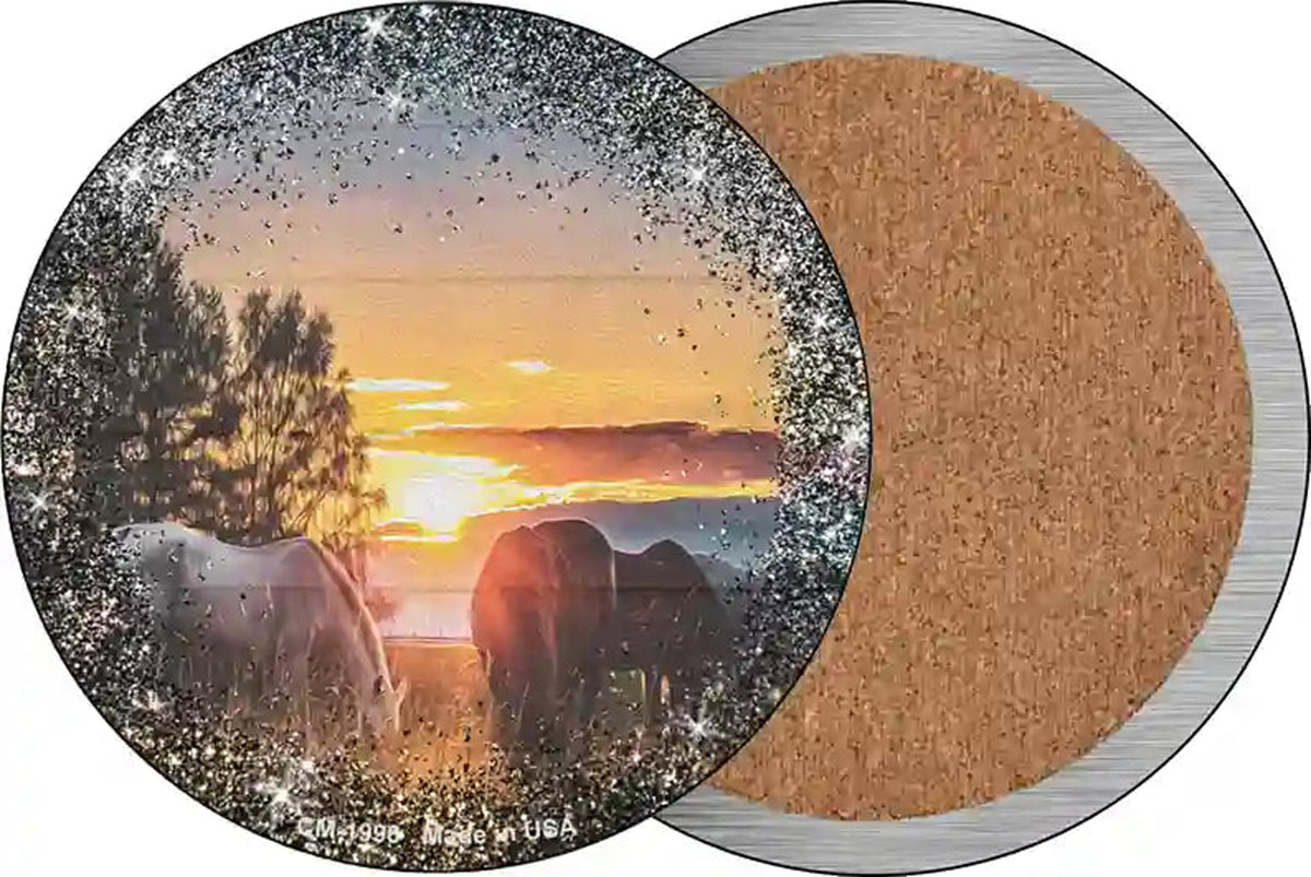 Horses Eating in Sunset Novelty Circle Coaster Set of 4