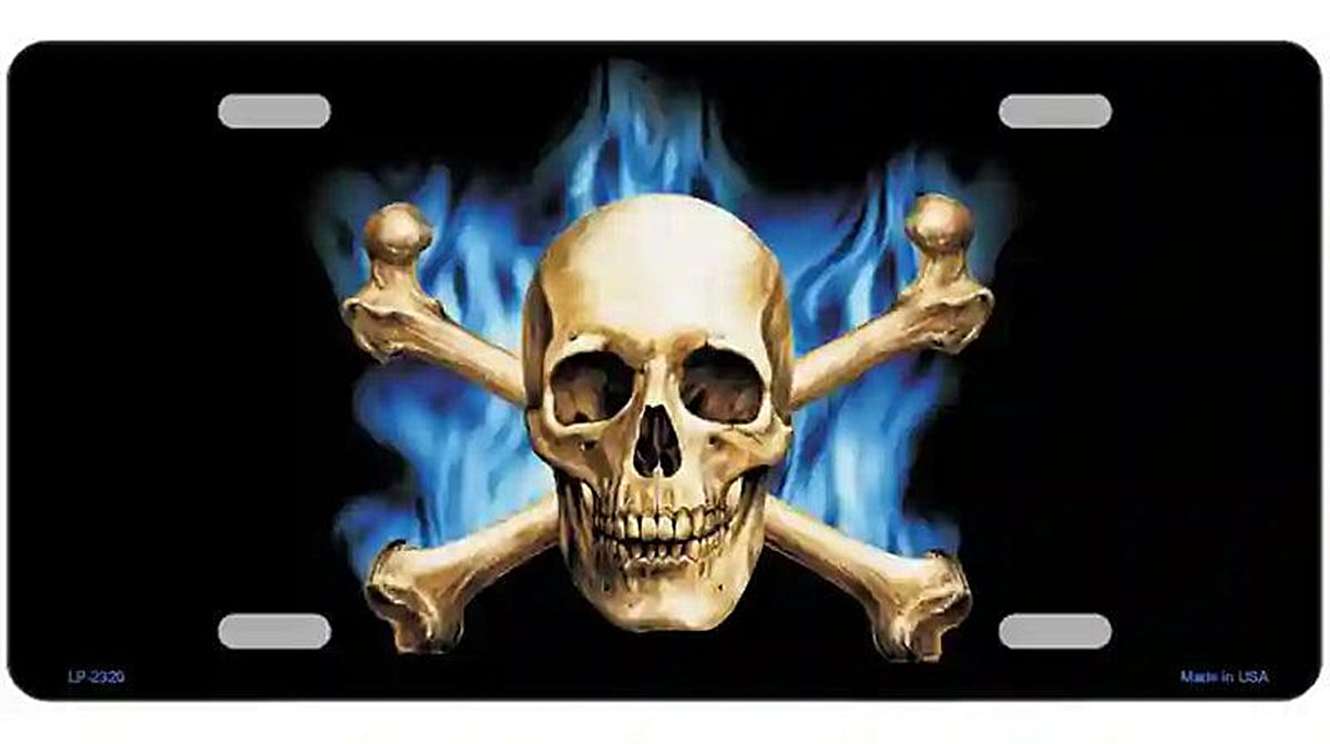 Blue Flame And Crossbones Metal Novelty License Plate