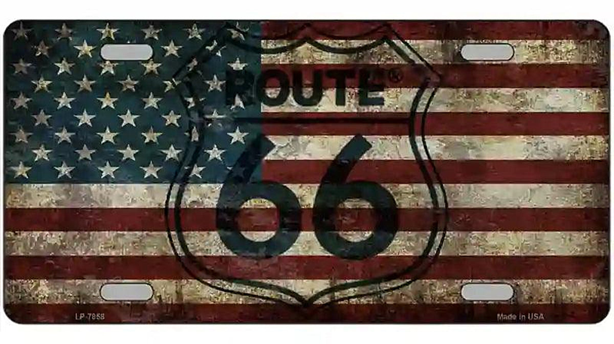 Route 66 American Flag Transparent Metal Novelty License Plate