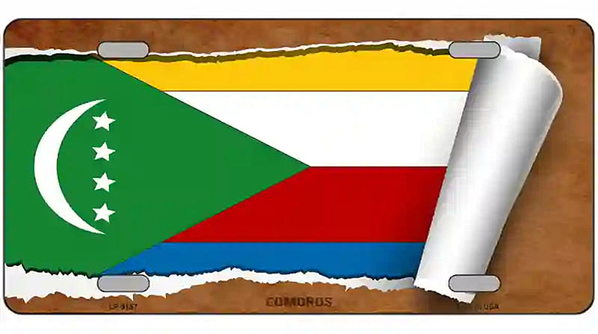 Comoros Flag Scroll Metal Novelty License Plate