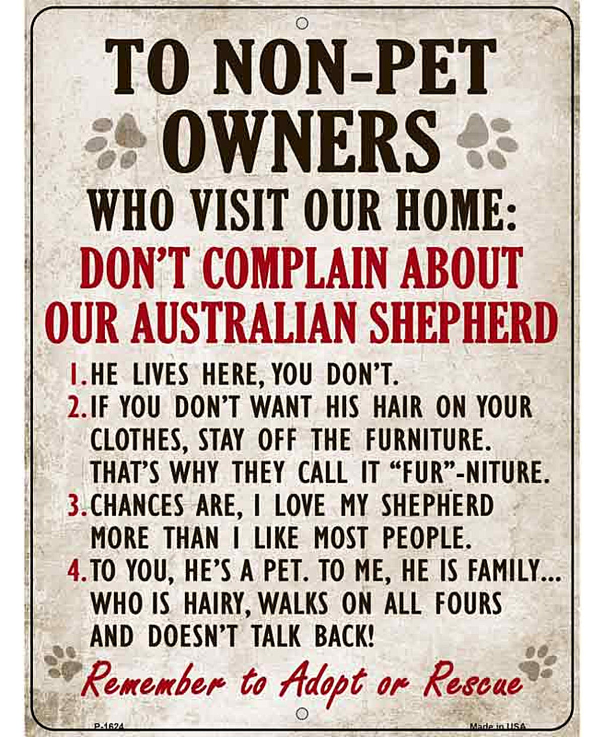 Non-Pet Owners Australian Shepherd Parking Sign Metal Novelty