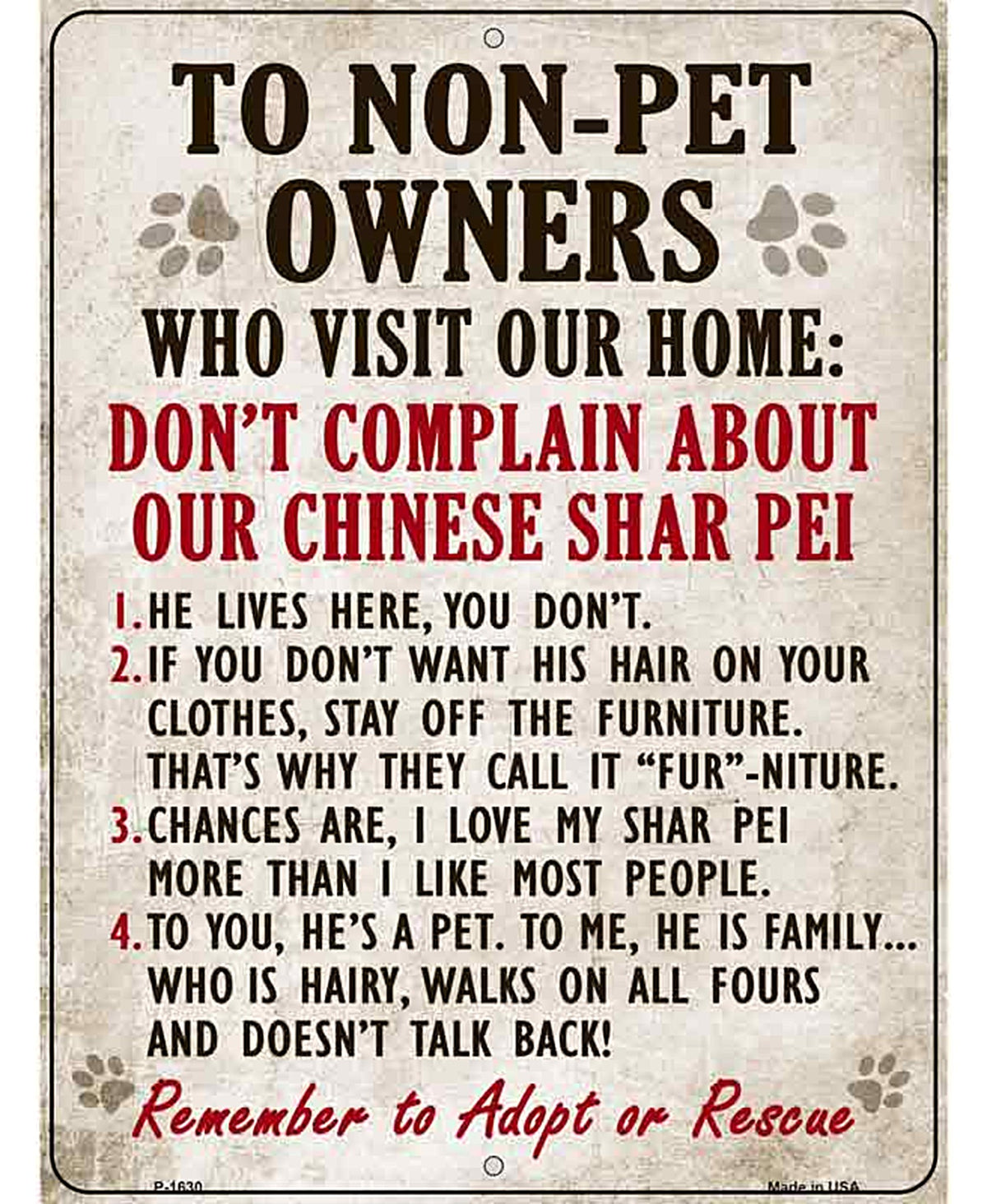 Non-Pet Owners Chinese Shar Pei Parking Sign Metal Novelty