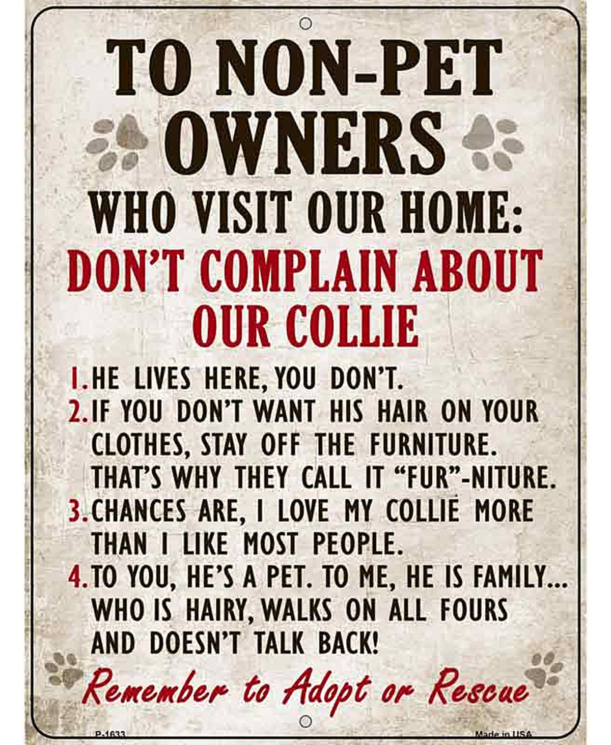 Non-Pet Owners Collie Parking Sign Metal Novelty