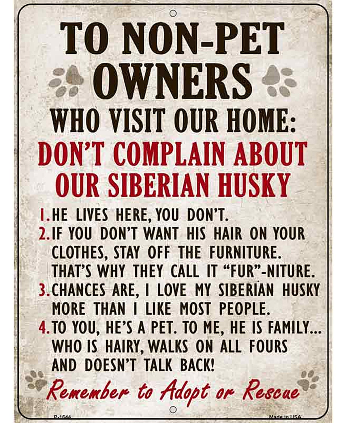 Non-Pet Owners Siberian Husky Parking Sign Metal Novelty